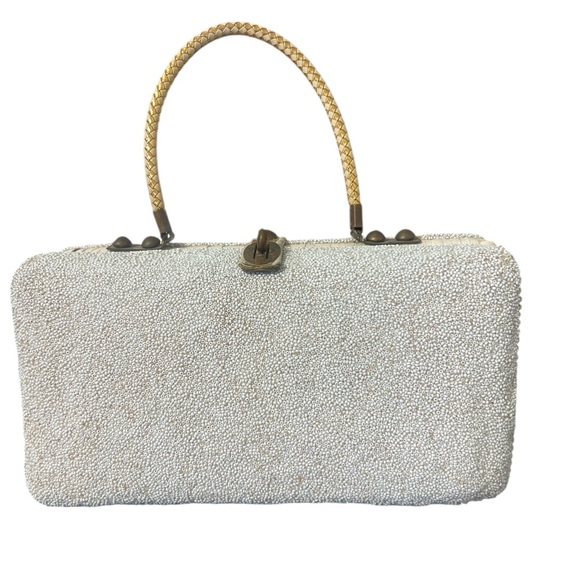 Vintage Midas of Miami White Wicker Beaded Purse with Velvet Flower Appliqué - Picture 3 of 12